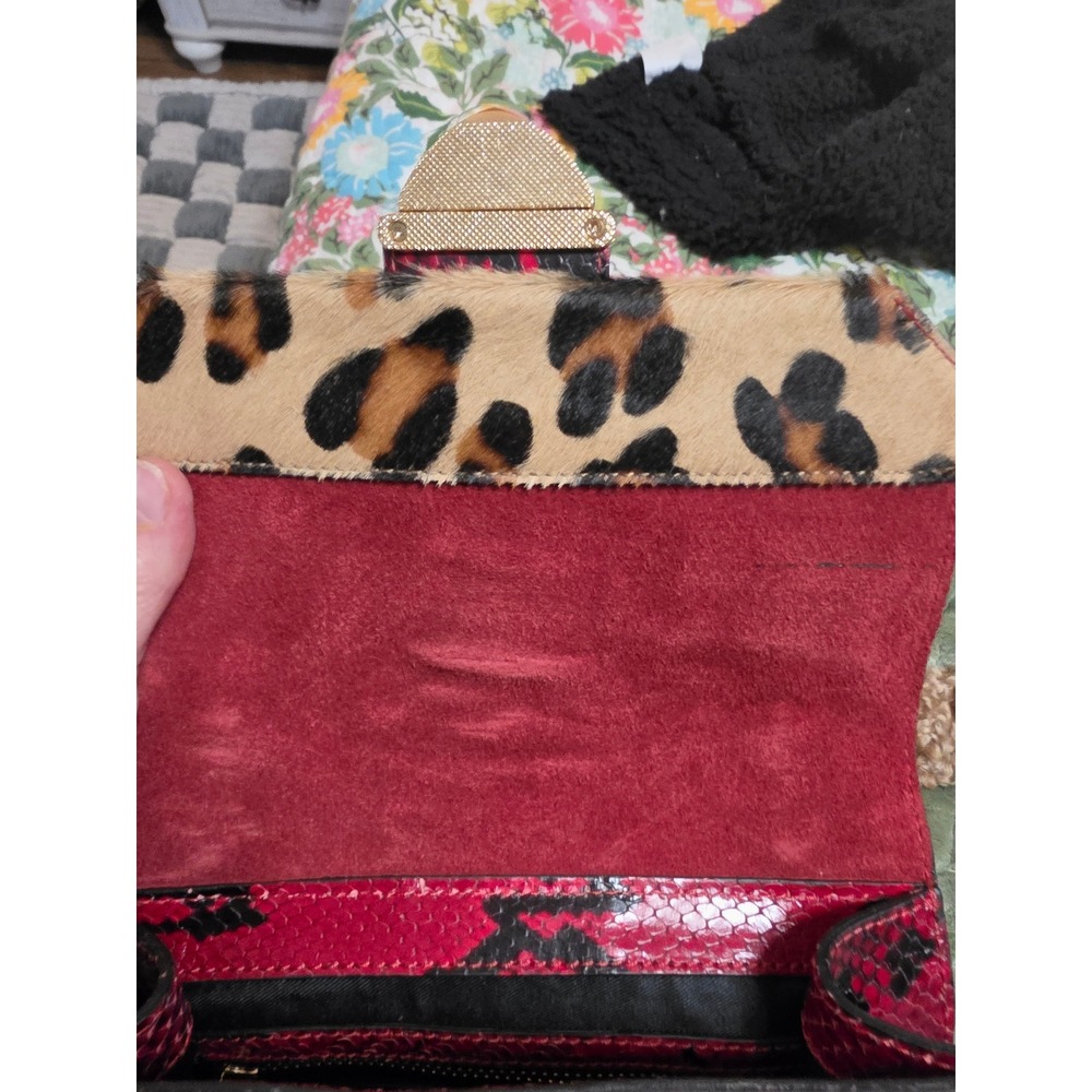 Red Snakeskin and Leopard Calf Hair Crossbody Satchel Bag with Gold Hardware - Picture 11 of 12